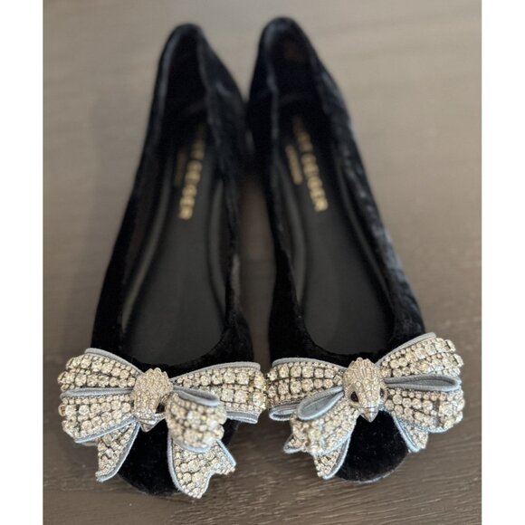 Kurt Geiger Size 37 / 7 Bow Ballerina flats black Velvet Rhinestone Bow Women’s - Picture 4 of 15